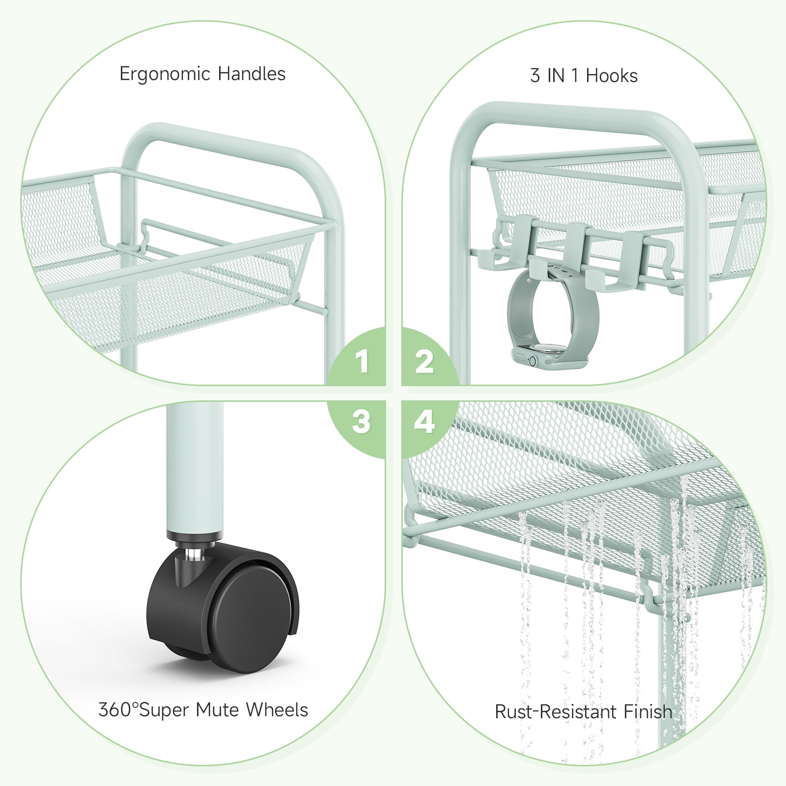 KK KINGRACK 3 Tier Rolling Cart Organizer, Metal Cart with Wheels, Utility Cart for Office Home School Storage, Green