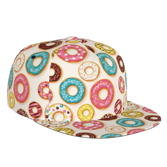 Flat Bill Trucker Hats for Women Men - Donut Print No.9028 Adjustable Flat Baseball Cap Snapback Hats Dad Hats for Men
