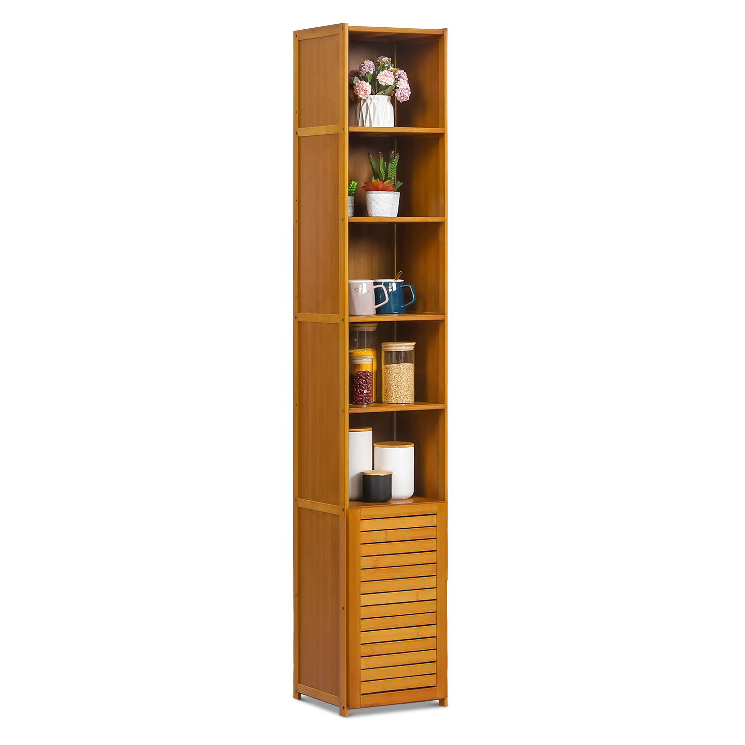 MoNiBloom Bamboo 7 Tiers Bookcase with Door, Bookshelf Display