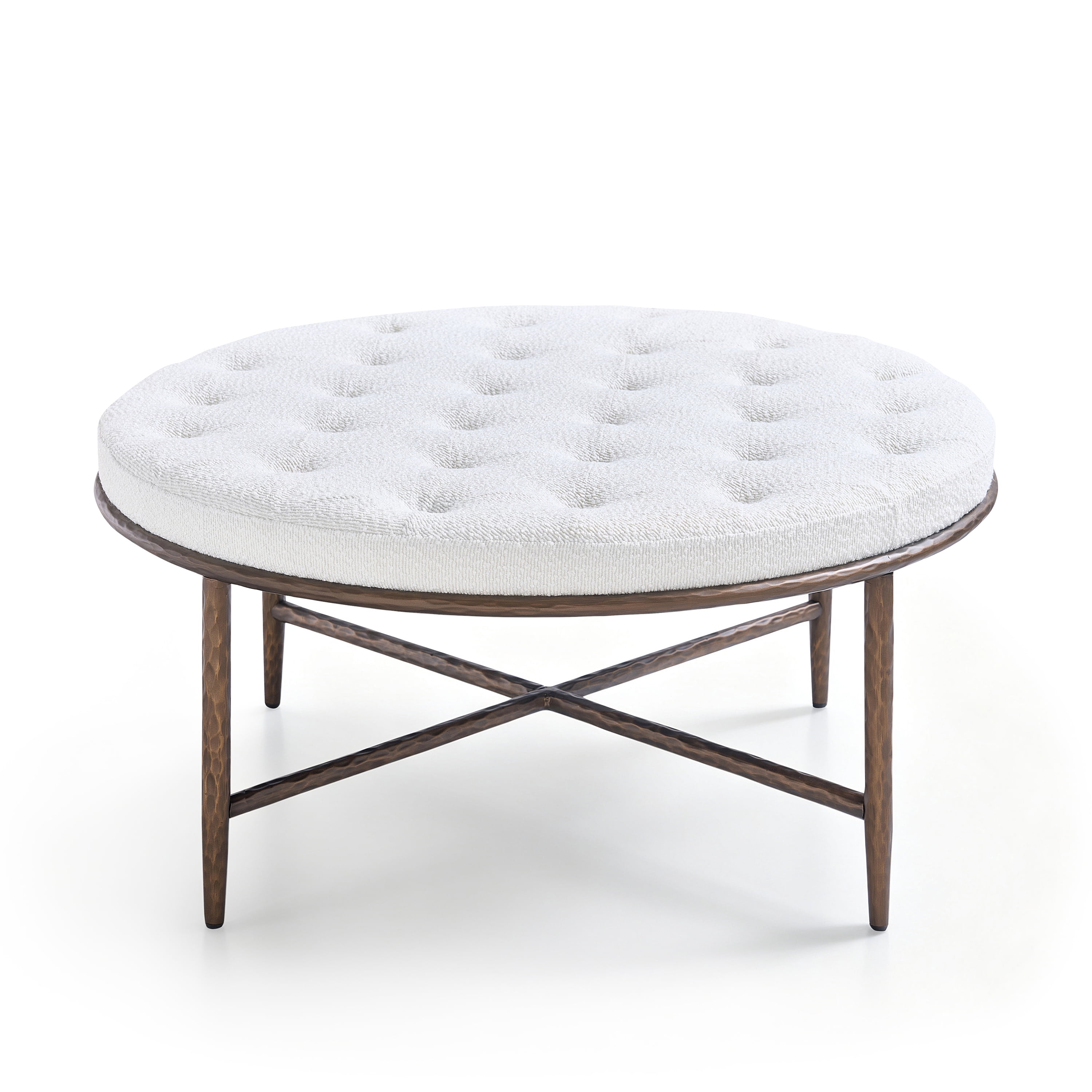 Euroco 36" Round Tufted Ottoman Coffee Table,PU Leather Upholstered Footstool Center Table with Hammered Metal Frame & X-Base for Living Room,Beige