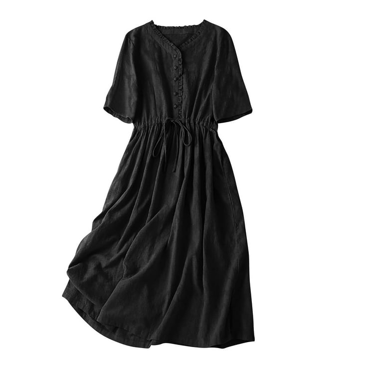 Meichang Cotton Linen Dresses for Women Retro Vintage Lace-Up Waist A Line Midi Dress Summer Casual Short Sleeve V Neck Half Button Layered Pleated Beach Dress - Walmart.com Meichang Cotton Linen Dresses for Women Retro Vintage Lace-Up Waist A Line Midi Dress Summer Casual Short Sleeve V Neck Half Button Layered Pleated Beach Dress - Walmart.com