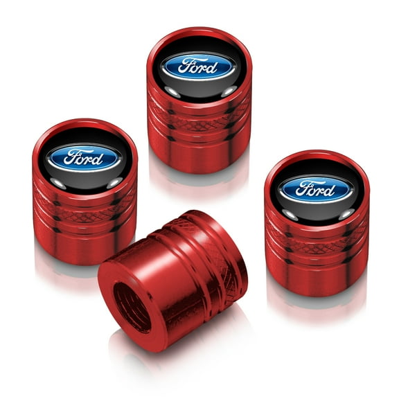 Ford Logo in Black on Red Cylinder-Style Premium Anodized Aluminum Tire Valve Stem Caps - Set of 4