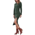 thumbnail image 4 of Vestido de mujer Inspire Chic de cuello redondo, manga larga, con fruncido lateral y abertura, color verde oscuro, talla M, 4 of 5
