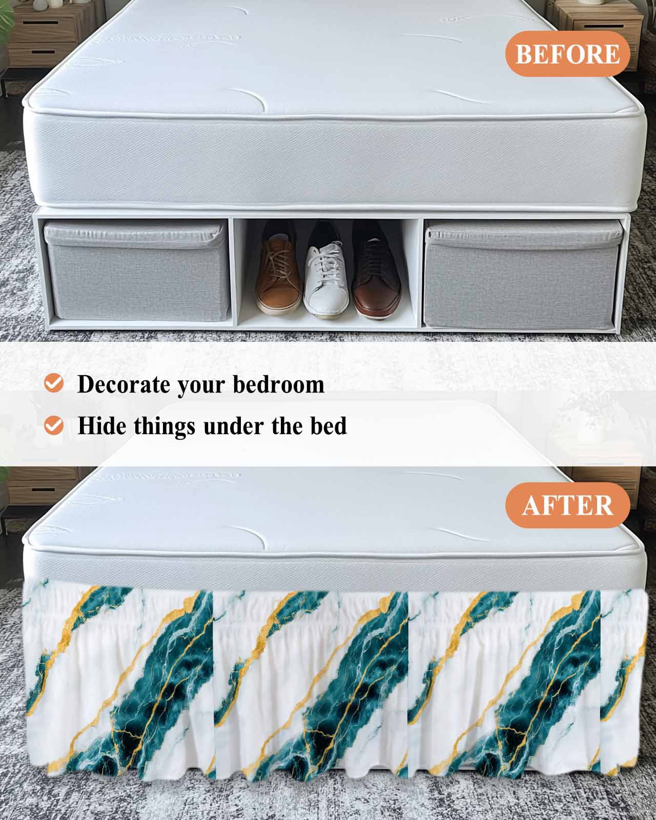 Marble Turquoise Wrap Around Bed Skirts for Queen Bed 16" Drop,Bed Skirt with Adjustable Elastic Belt Dust Ruffle Bed Valance for Bedroom Hotel Gold Foil Ceramic Style Crack Scratch Bed Frame Cover