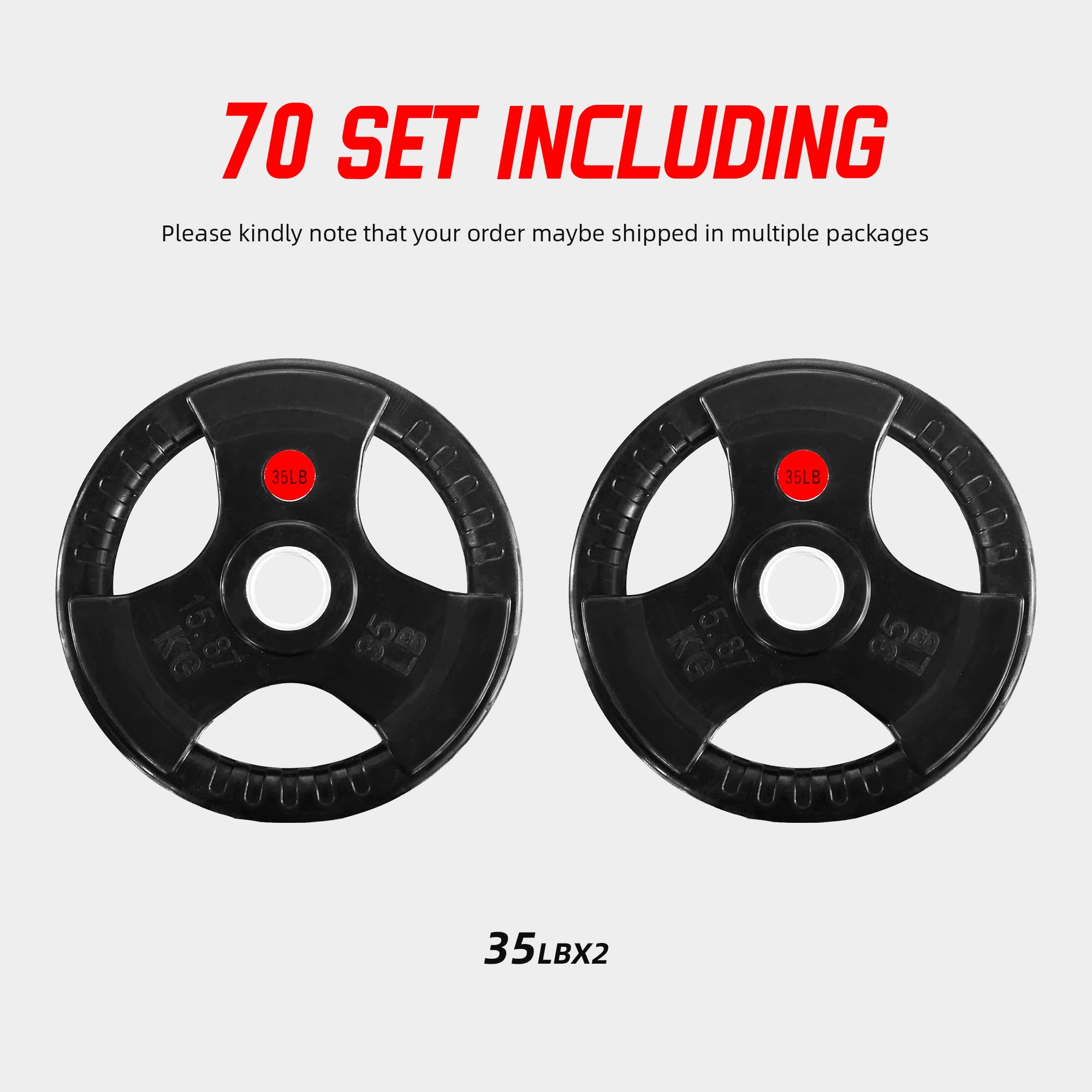 Signature Fitness 3-Grip Olympic Rubber Weight Plates, 2.5LB–45LB, Black with Red Label, Pair or 4-Pack