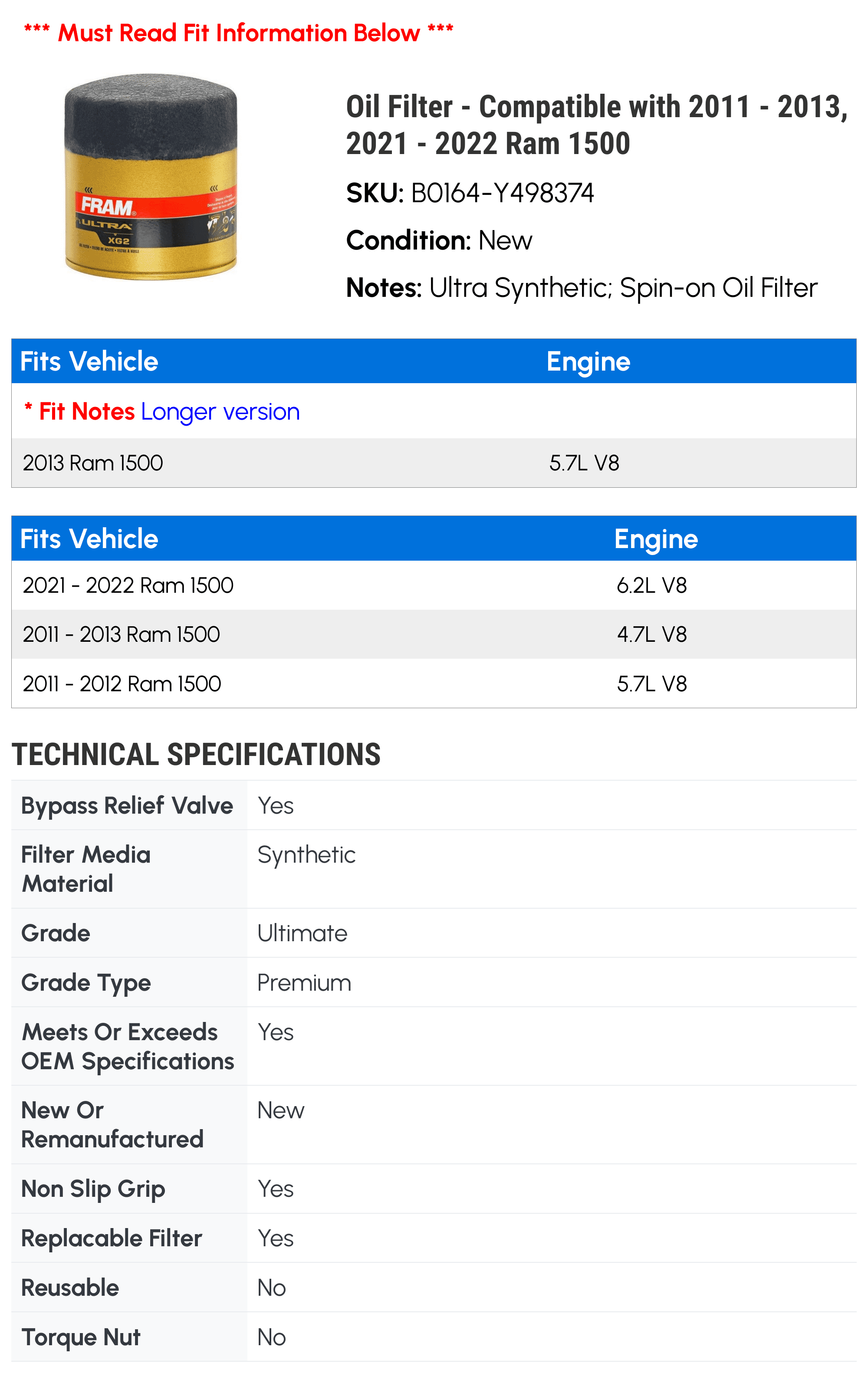 Oil Filter - Compatible with 2011 - 2013, 2021 - 2022 Ram 1500 2012