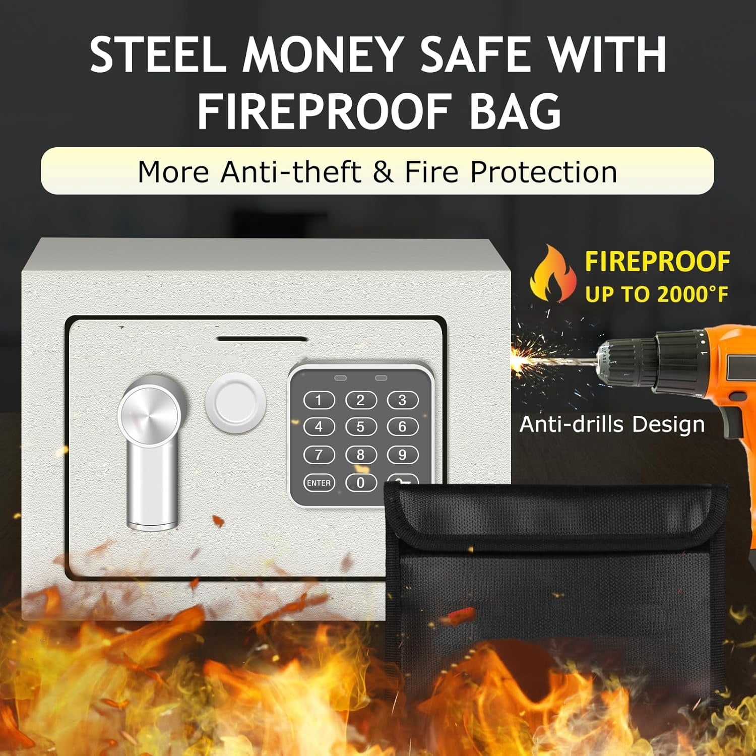 Safe Box for Home Safe (0.23 Cubic Feet) with Fireproof Bag, Personal Money Safey for Cash Saving, Mini Safey with Key, Digital Safety Box with Light, Money Lock Box (White)