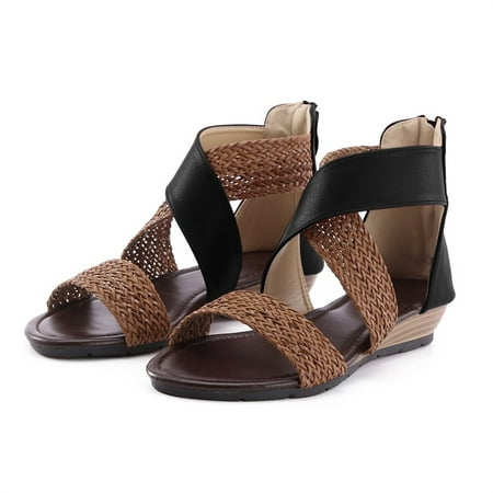 

Women Weave Wedge Heel Shoes Zipper Sandals Casual Beach Sandals Roman Shoes