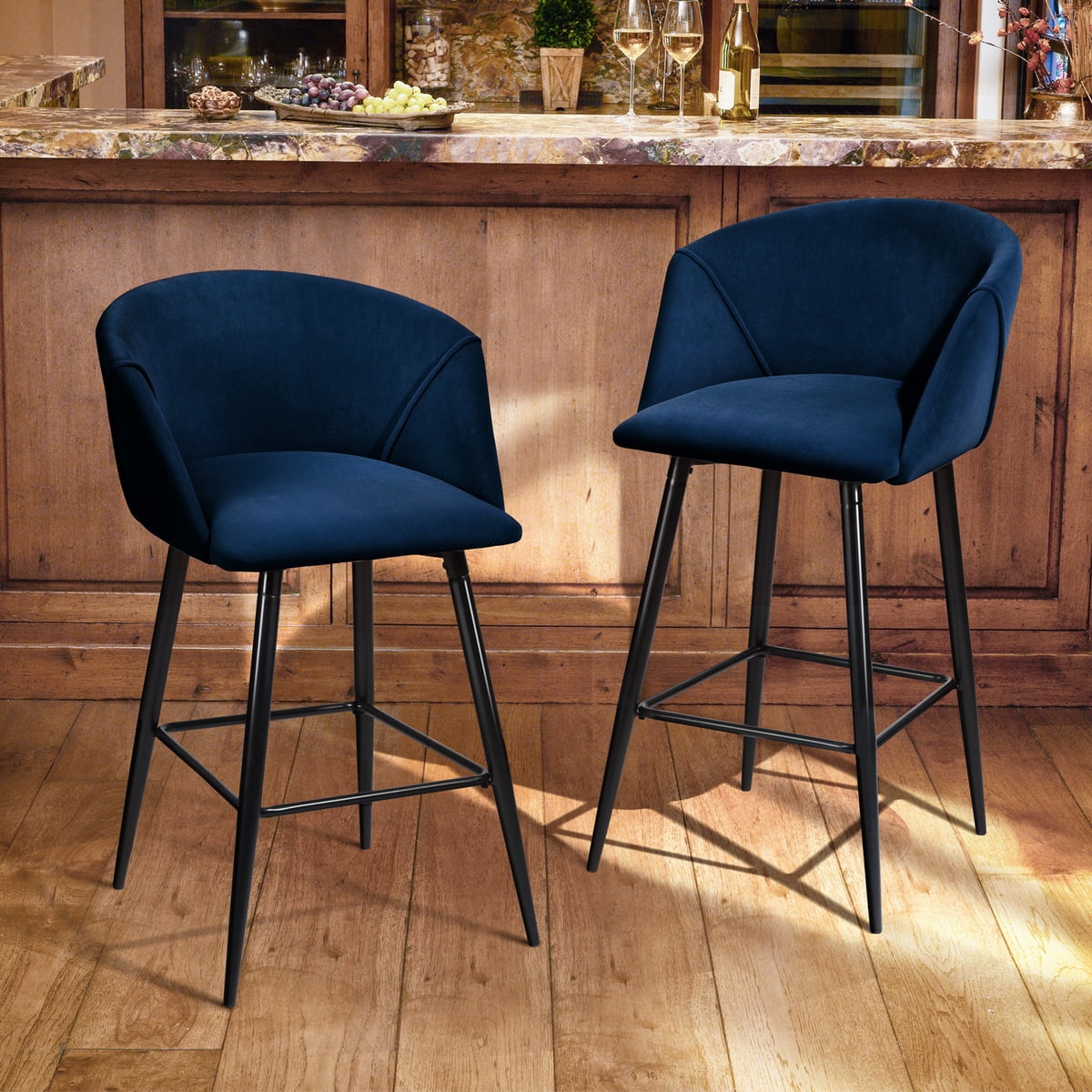 FurnitureR 27-30 INCH Adjustable Seat Height Industrial Bar Stools Set of 2 Walnut Counter Height Bar Stools 360 Degree Swivel Seat Barstools for Home Bar Furniture