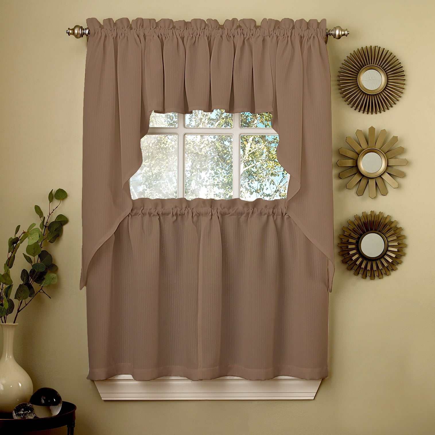 Ribcord Kitchen Curtains Solid Opaque 24" Tier, Valance & Swag Set