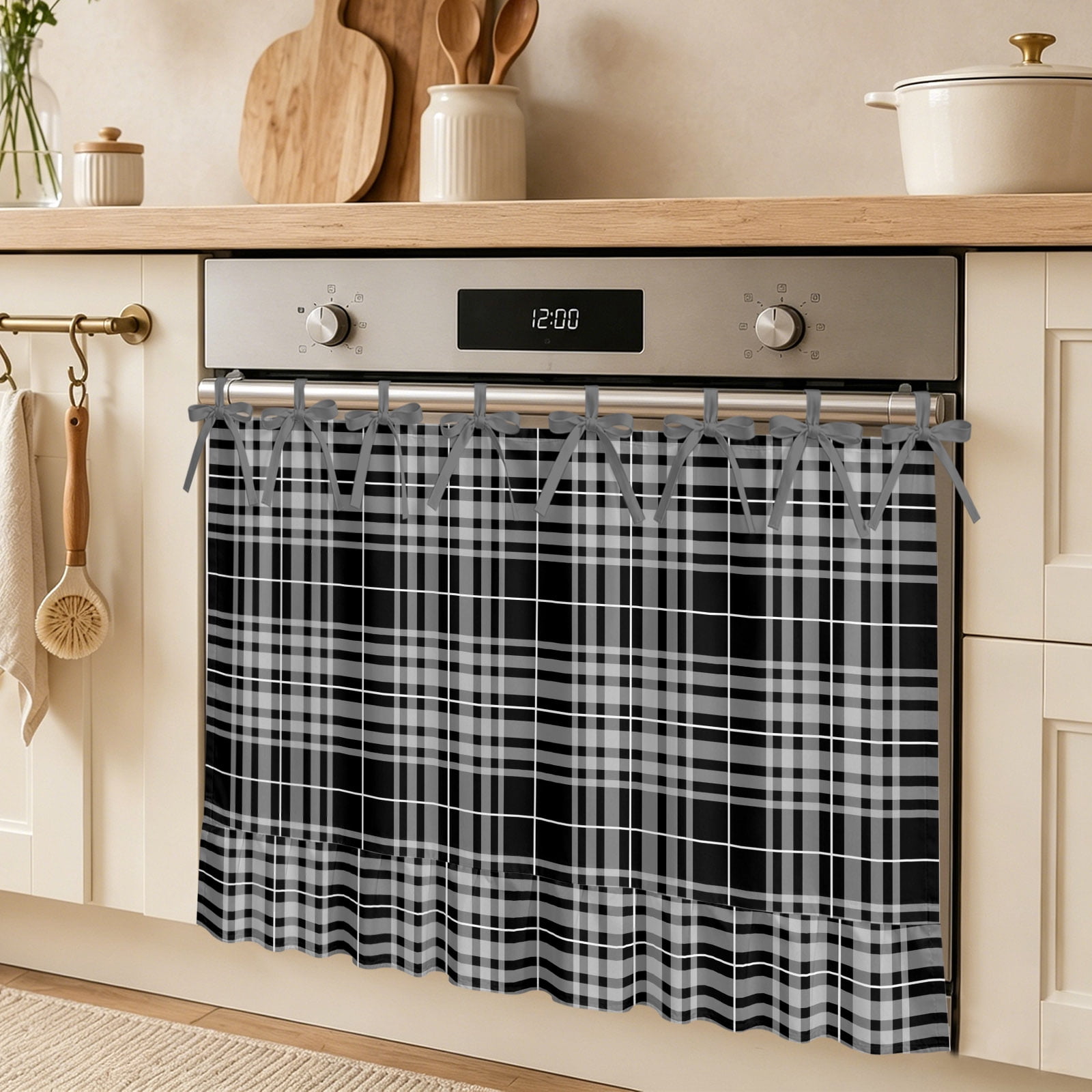 Plaid Oven Skirt Curtain Rustic Minimalist Gingham Black White Check Tie Top Tier Curtains Stove Dishwasher Skirt Small Window Drapes for Kitchen Bathroom Cafe 27 x20