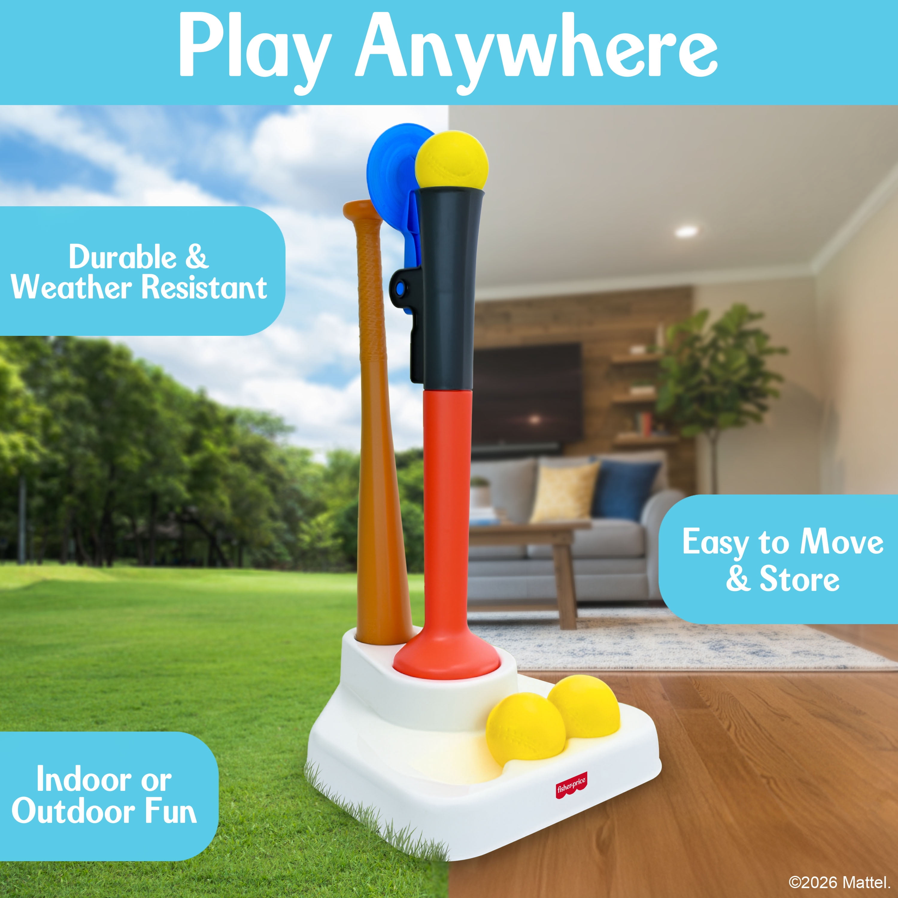 Fisher-Price Grow-to-Pro 2-in-1 Tee Ball Set, Height Adjustable Batting Practice & Outdoor Play Toy, Children Ages 18 Months +