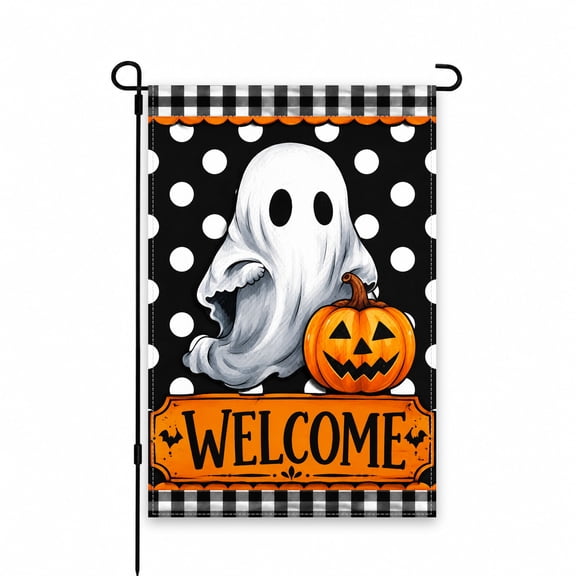 Halloween Ghost and Pumpkin Garden Flag, 12 x 18 Inch - Spooky Outdoor Decor for Lawn, Patio, Porch Seasonal Yard Display - Welcome Sign Theme