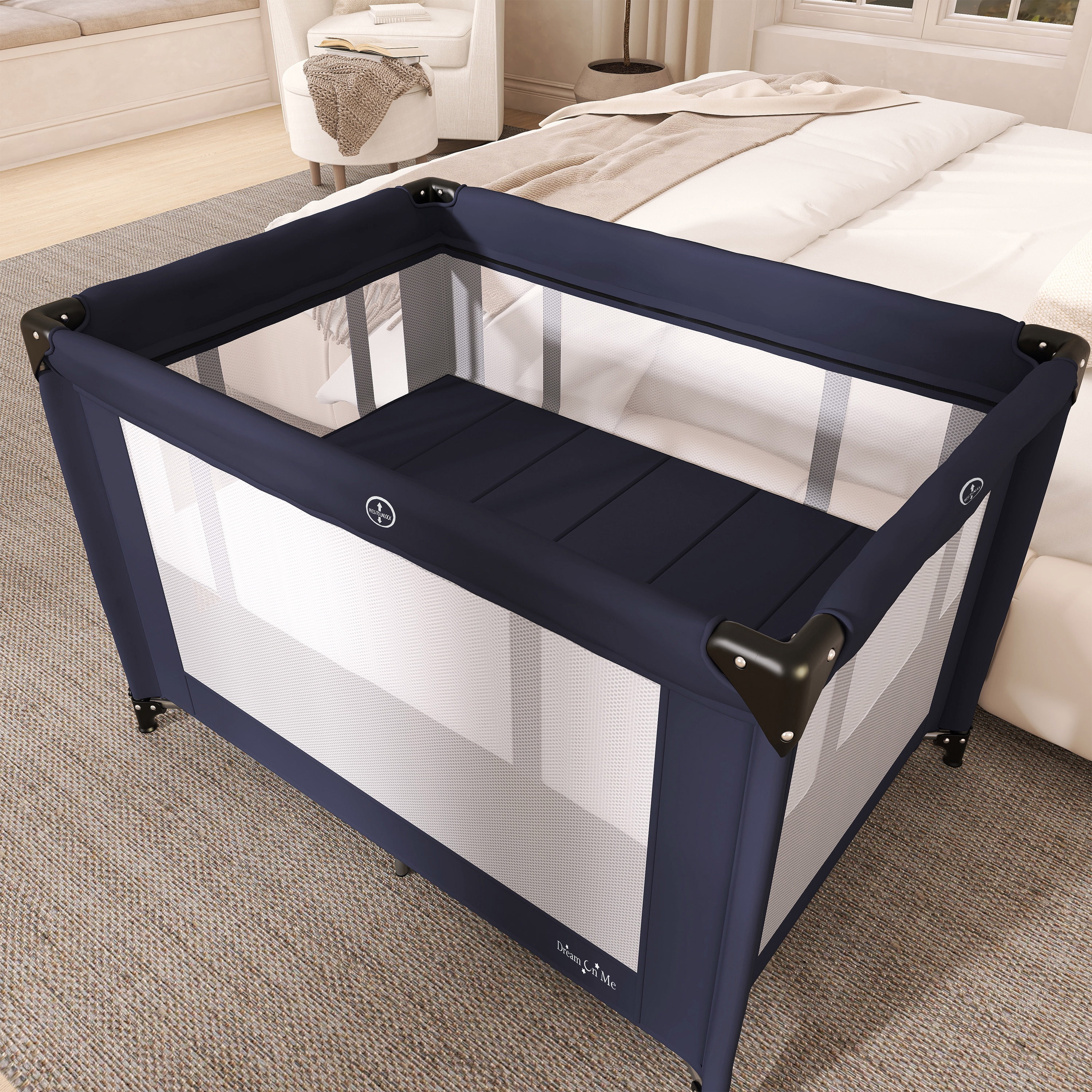 Dream On Me Zazzy Portable Play yard with Bassinet, Navy
