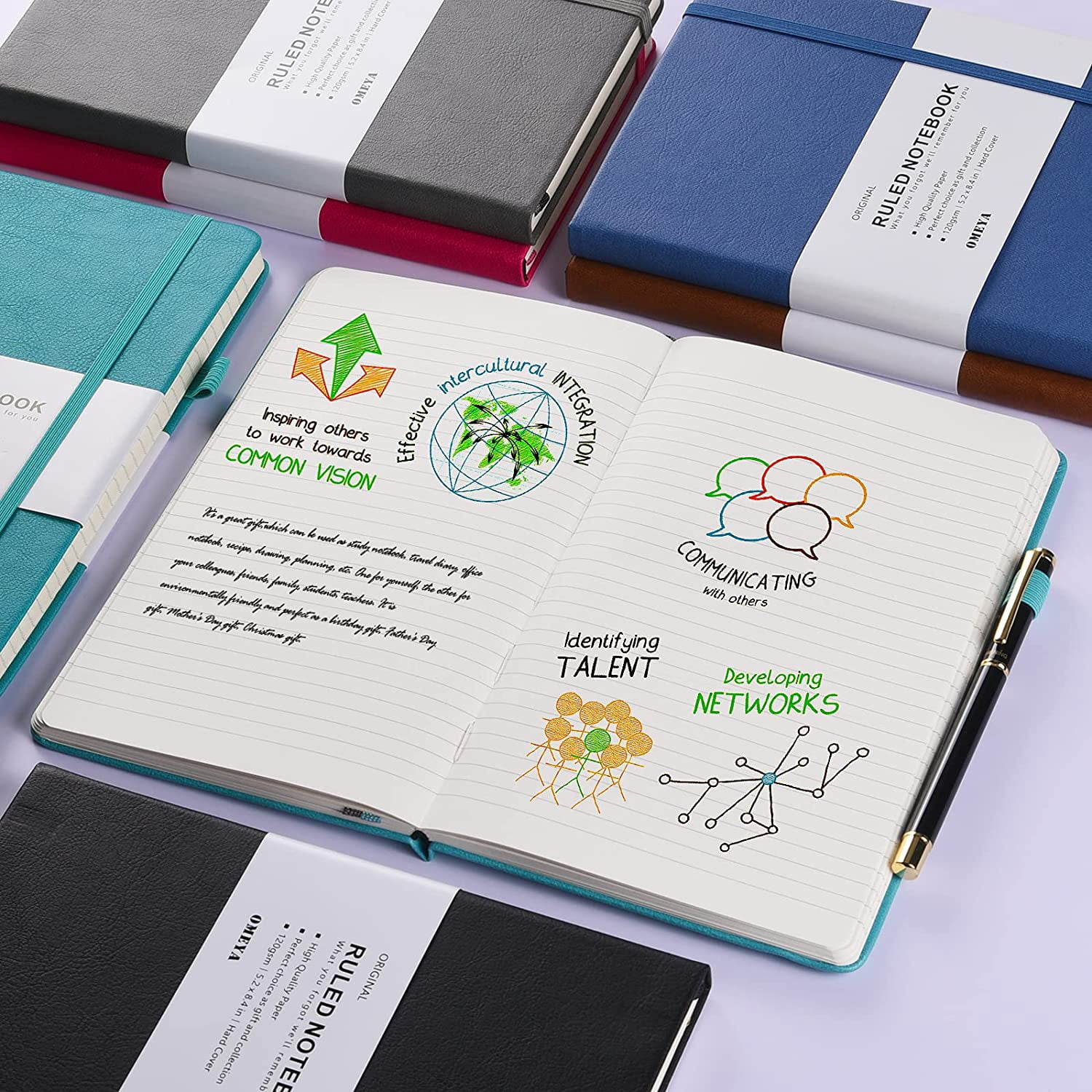 Journal Notebook, Hardcover Lined Notebook with 120GSM Thick Paper & Pockets, College Ruled Leather Journals with Index Tabs Stickers, 128 Pages, A5 (5.2" x 8.4"), Blue