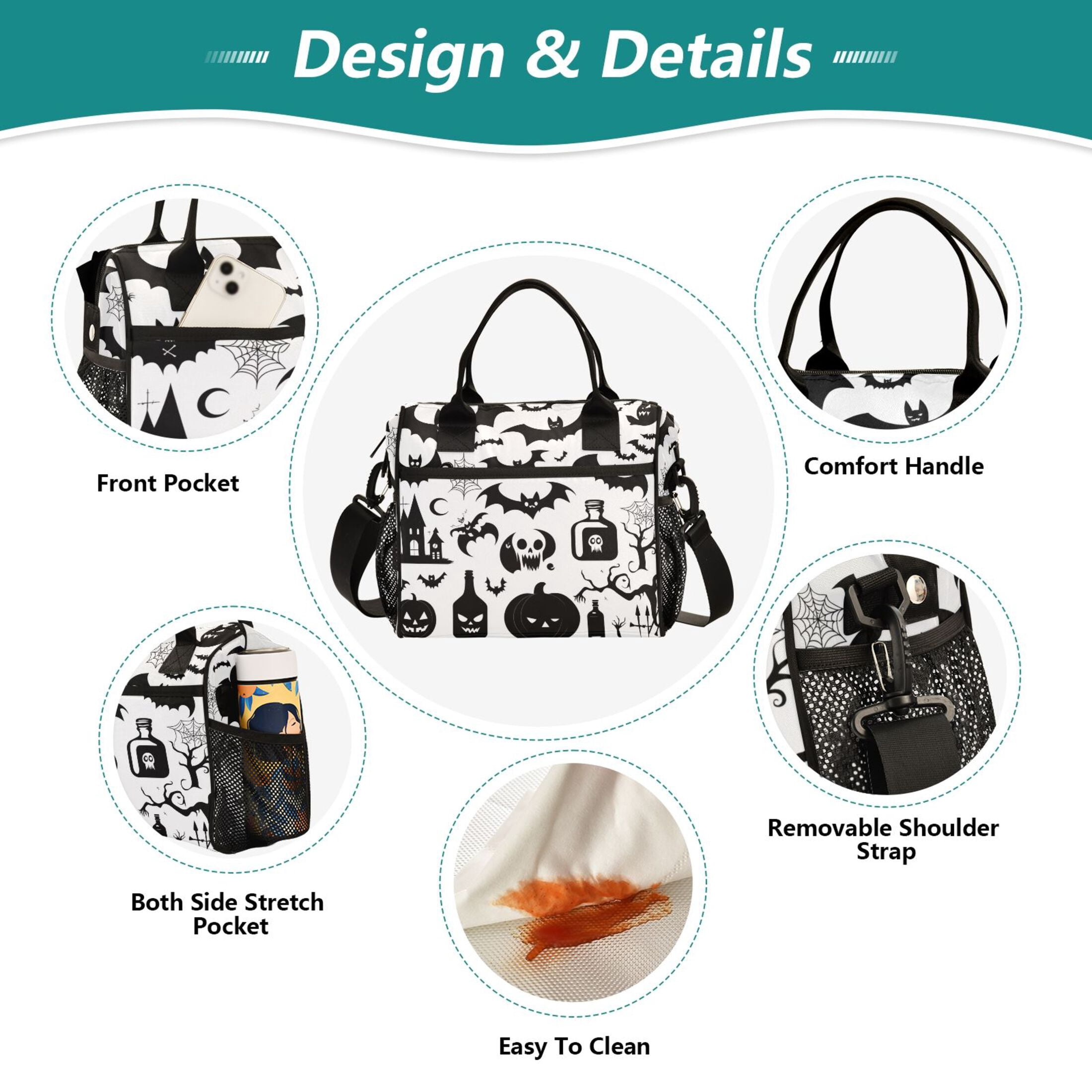 Pumpkins Bats Spiderweb Tree Lunch Bag Insulated Lunch Box Leakproof Reusable Cooler Tote Adjustable Shoulder Strap for Men Women 12L