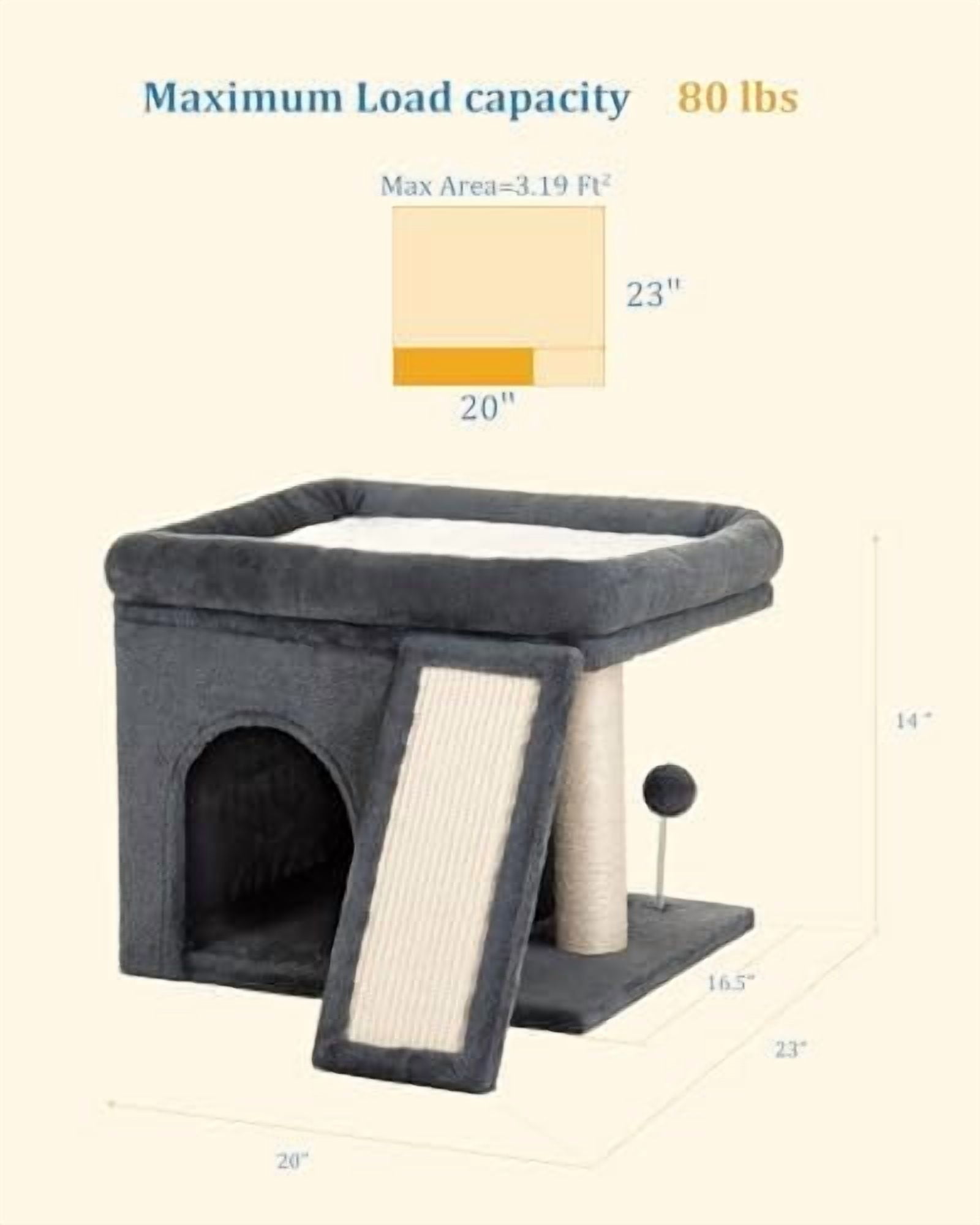 Cat Tree for Large Cat, Cat Tower with Large Perch for Adult Cats, 20 * 16.5 Inch Big Platform for Indoor with Super Cozy Soft Mat, Large Condo with Nature Sisal Post, Gray