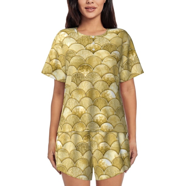 Fotbe Mermaid Fish Scale Conjunto de Pijama Estampado para Mujer, 2 Piezas, Ropa de Dormir con Camiseta de Manga Corta y Shorts Suaves-Medium