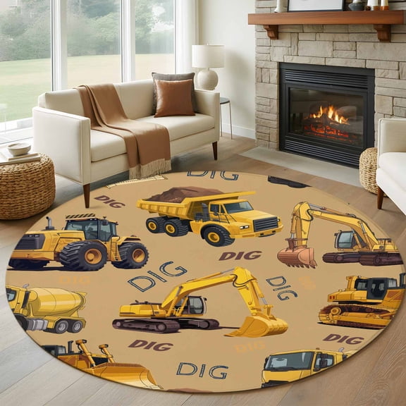 Construction Truck Round Area Rug 5ft, Cartoon Grips and Bulldozers Turmeric Washable Non-Slip Circle Rugs for Bedroom Living Room Kitchen, Soft Low Pile Carpet for Dining Room Playroom Nursery
