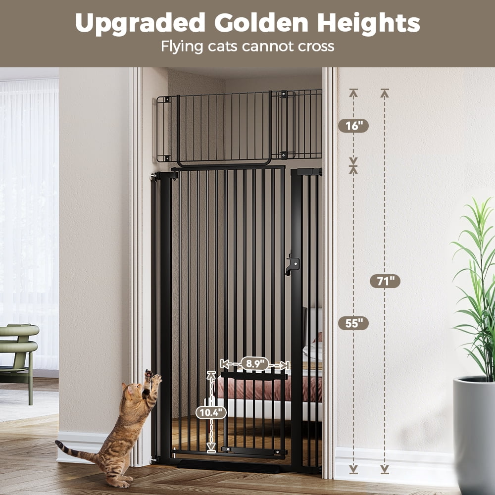 Pet Gate with Cat Door,Domipet 71 inch Extra Tall Dog Gate,29.5''-40.6''Wide Gate Pressure Mounted Full Door Pet Gate for Doorway Stairs,Black