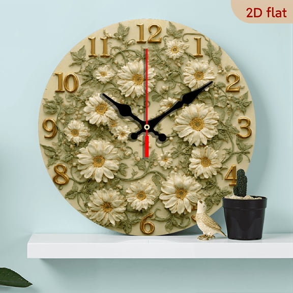 2D Flat 1pc 10Inch Wooden 1pc Floral Wall Clock - Beige Green Botanical Decor, Silent Non-Ticking Modern Minimalist Clock for Living Room, Bedroom, Office - Round Hanging Clock (Battery-Powered