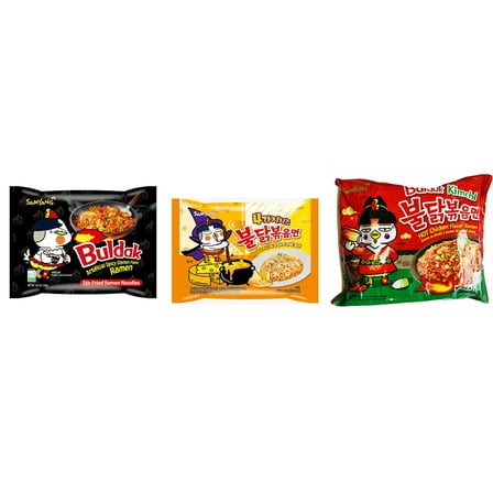 3 Packs Samyang Korean Artifical Spicy Chicken Stir Fried Ramen Roasted Noodles 3 Different Flavors (Original,Quattro Cheese,kimichi) Plus NineChef Brand Long Handle Coffee Spoon