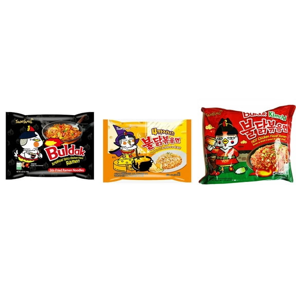 3 Packs Samyang Korean Artifical Spicy Chicken Stir Fried Ramen Roasted Noodles 3 Different Flavors (Original,Quattro Cheese,kimichi) Plus NineChef Brand Long Handle Coffee Spoon