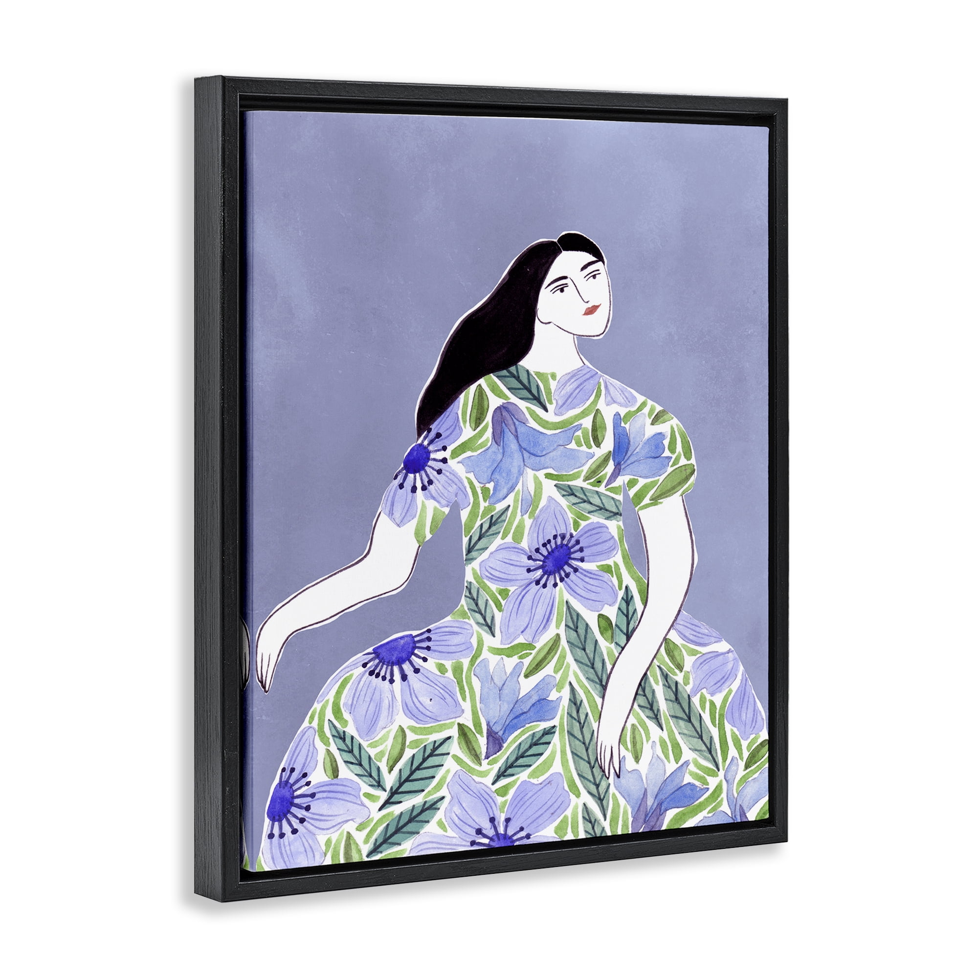 Stupell Industries Woman in Blue Floral Gown People Painting Black Floater Framed Canvas Art Print Wall Art, 25 x 31