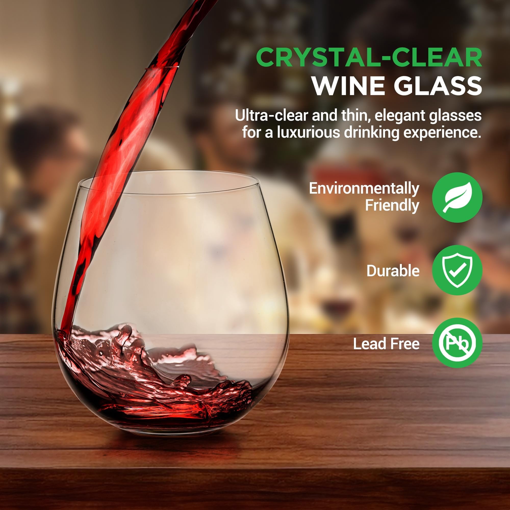 NutriChef 15 Oz Stemless Wine Glasses - Set of 12, Ultra Thin, Shatter-Resistant, Dishwasher Safe, Hand Blown - Gift for Wine Lovers, 2 PACK, 24 Glasses