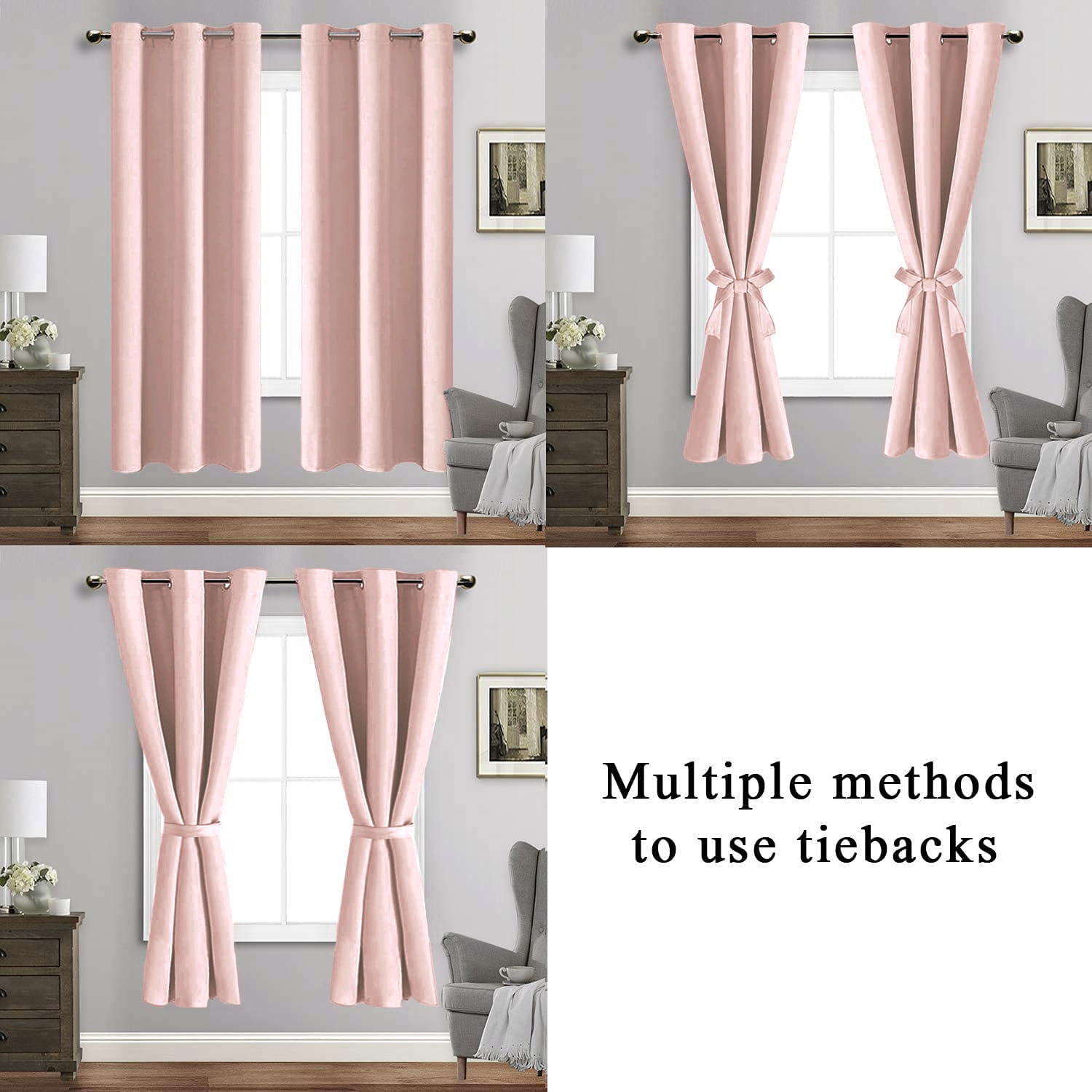 JIUZHEN Blackout curtains for Bedroom with Tiebacks - Room Darkening Privacy Grommet Top Window Curtains for Living Room, 42 x 63 inch Length,Blush Pink,Set of 2 Panels