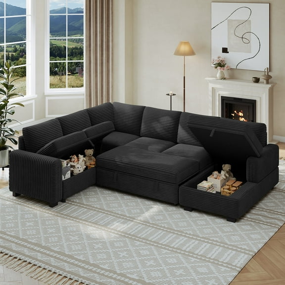 Neche Home Plush Corduroy Sleeper Sofa Bed with Reversible Storage Chaise, Pull Out Couch Bed, L Shaped Sectional Couches for Living Room, Apartment, White
