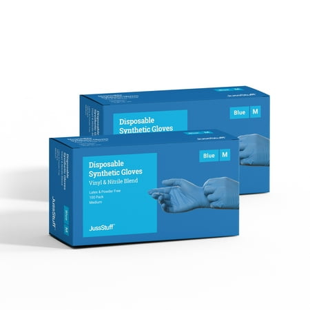 

JussStuff Synthetic Nitrile & Vinyl Blend Latex Free Powder Free Gloves Multifunction Kitchen Gloves All-Purpose - Blue - 2 Boxes of 100 Gloves (200 Total) - Medium