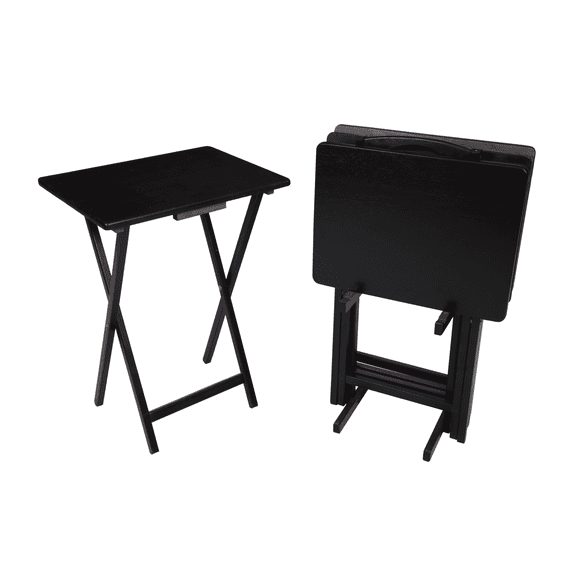 Indoor Folding Table Set of 4 in Black L19 x W15 x H26 inches. 4 Tables 1 Rack Stand.