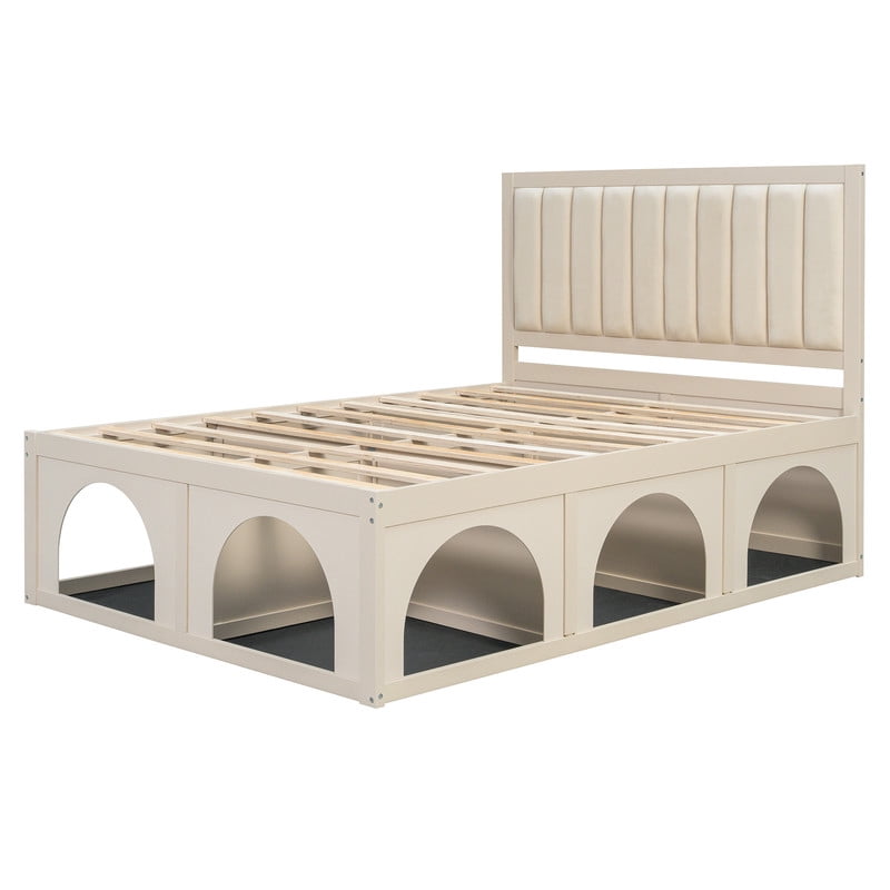 Queen Size Pet-Friendly Platform Bed with Under-Bed Pet Nooks, Heavy Duty Wooden Storage Bed Frame with Padded Headboard