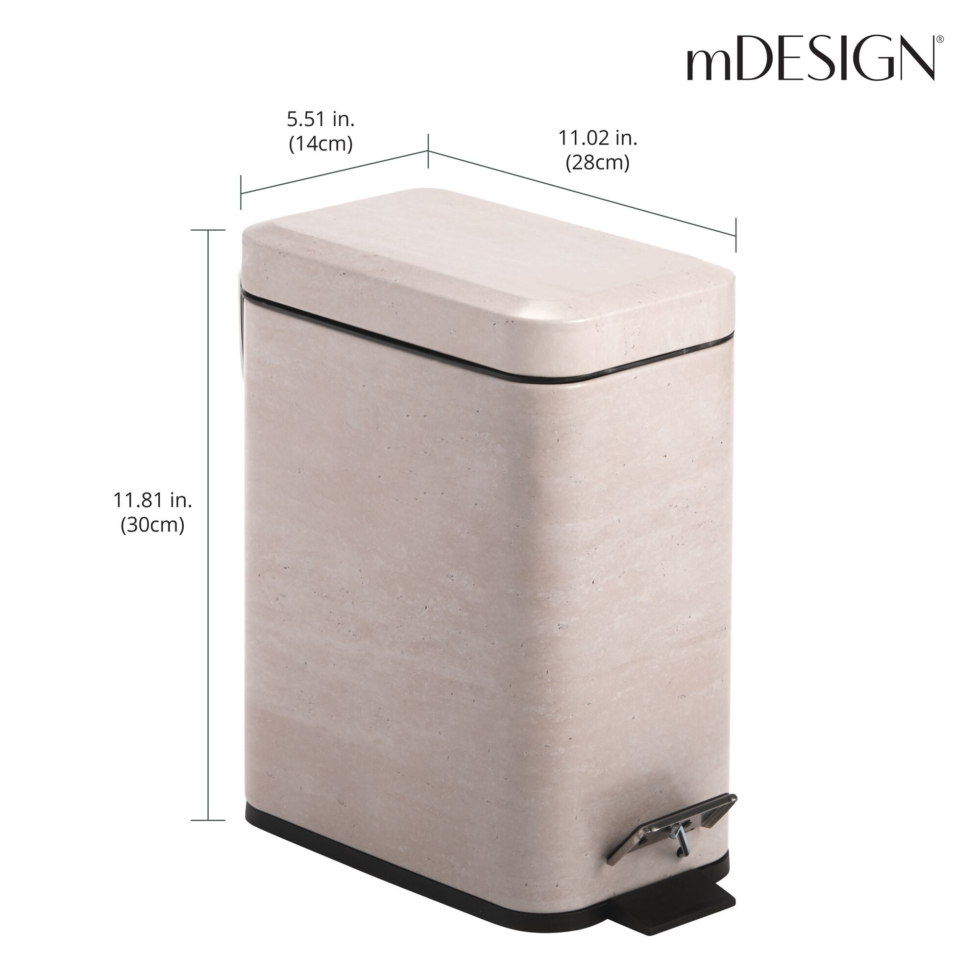 mDesign Small 1.3 Gal. Rectangle Metal Step Can with Liner, Stone Print - Beige