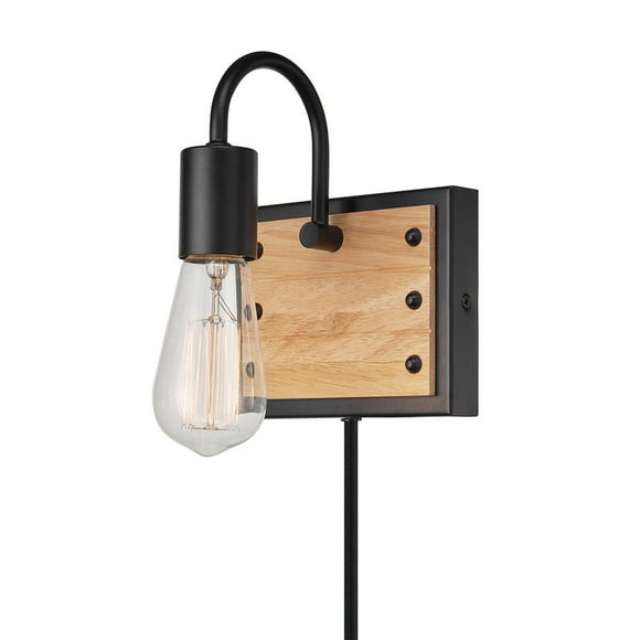 Applique murale enfichable ou fixe en métal à 1 ampoule Oakland de Globe Electric, noir mat, accent similibois, cordon recouvert de tissu noir, interrupteur sur le cordon, 51733