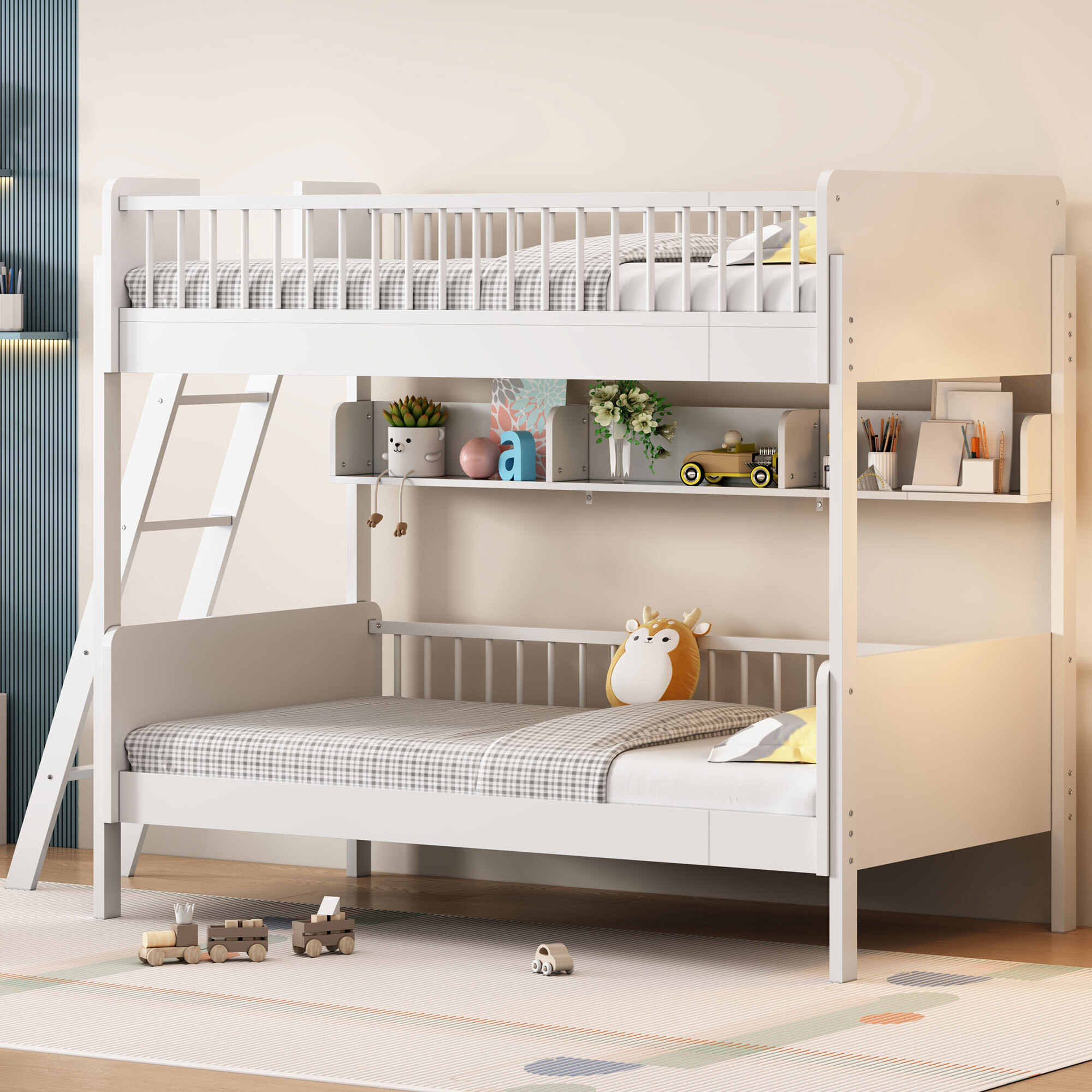 Euroco Wood Twin Size Bunk Bed with Storage Shelves, White