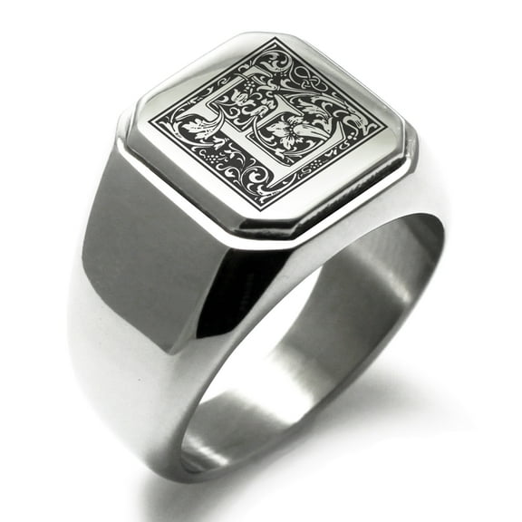 Stainless Steel Letter E Initial Floral Box Monogram Engraved Engraved Square Flat Top Biker Style Polished Signet Ring
