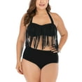 thumbnail image 2 of LELINTA Women's Plus Size Swimsuit Black High Waist Two Piece Halter Tassel Swimwear Set, 2 of 8