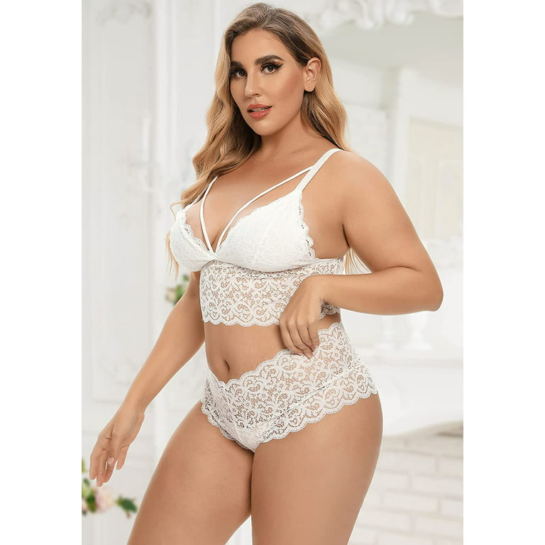 Plus Size 2 Piece Lingerie for Women, Strappy Bra and Panty Underwear Sets  