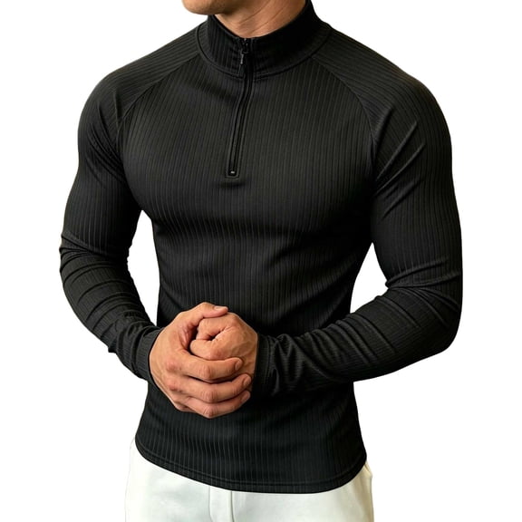 VgaVtl Fall Winter Mens Long Sleeve T Shirt Athletic Zip-Up Casual Black Shirts for Men Slim Turtleneck Stretch Plain