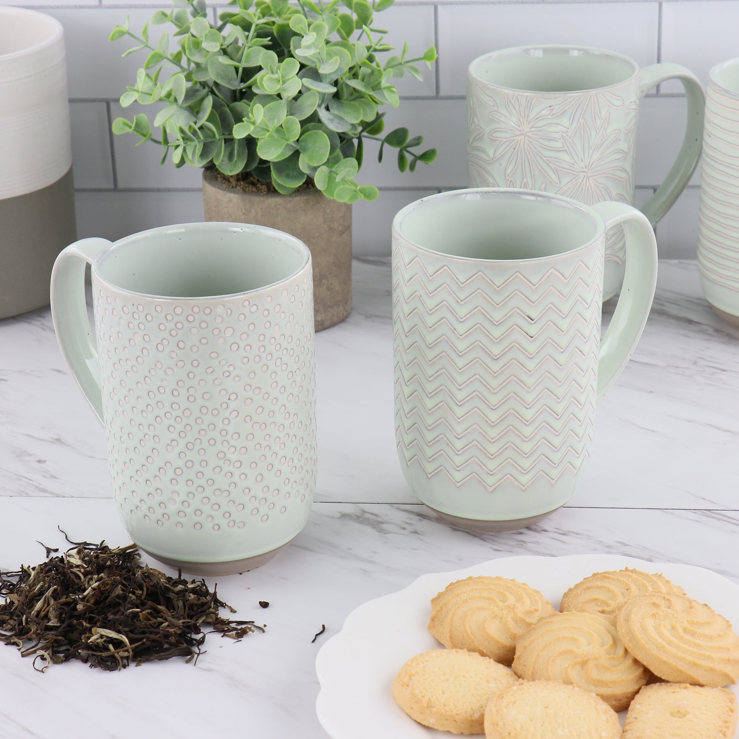 Laurie Gates Madrina 19 Ounce 4 Piece Stoneware Assorted Wax Relief Designs in Mint