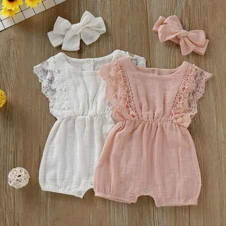 

CLEARANCE!Factory Price Promotion Summer Newborn Toddler Girls Rompers Set Flare Sleeve Solid Print Lace Design Bodysuit Jumpsuit With Headband