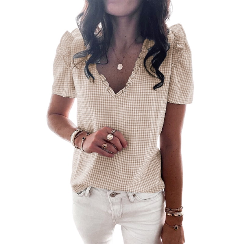 New Women's V Neck Blouse Plain T Shirt 