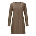 thumbnail image 7 of safuny Women's Mini Loose Dress Solid Fashion Autumn Dress Holiday Retro Long Sleeve Winter Round Neck Pleated Elegant Leisure Coffee XL, 7 of 7