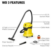 Kärcher Shop Vacuum WD 3, 4.5 Gal, 2.8 Peak HP, 26 ft Reach, Wet Dry Vacuum Cleaner, Blower Function, Crevice Tool, Floor Nozzle, Great for Car Cleaning
