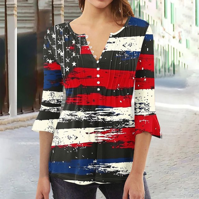 Fiudx Liquidación de Ofertas Flash Camiseta Estampada a La Moda para Mujer, Blusa con Mangas 3/4, Camisetas Informales con Cuello En V