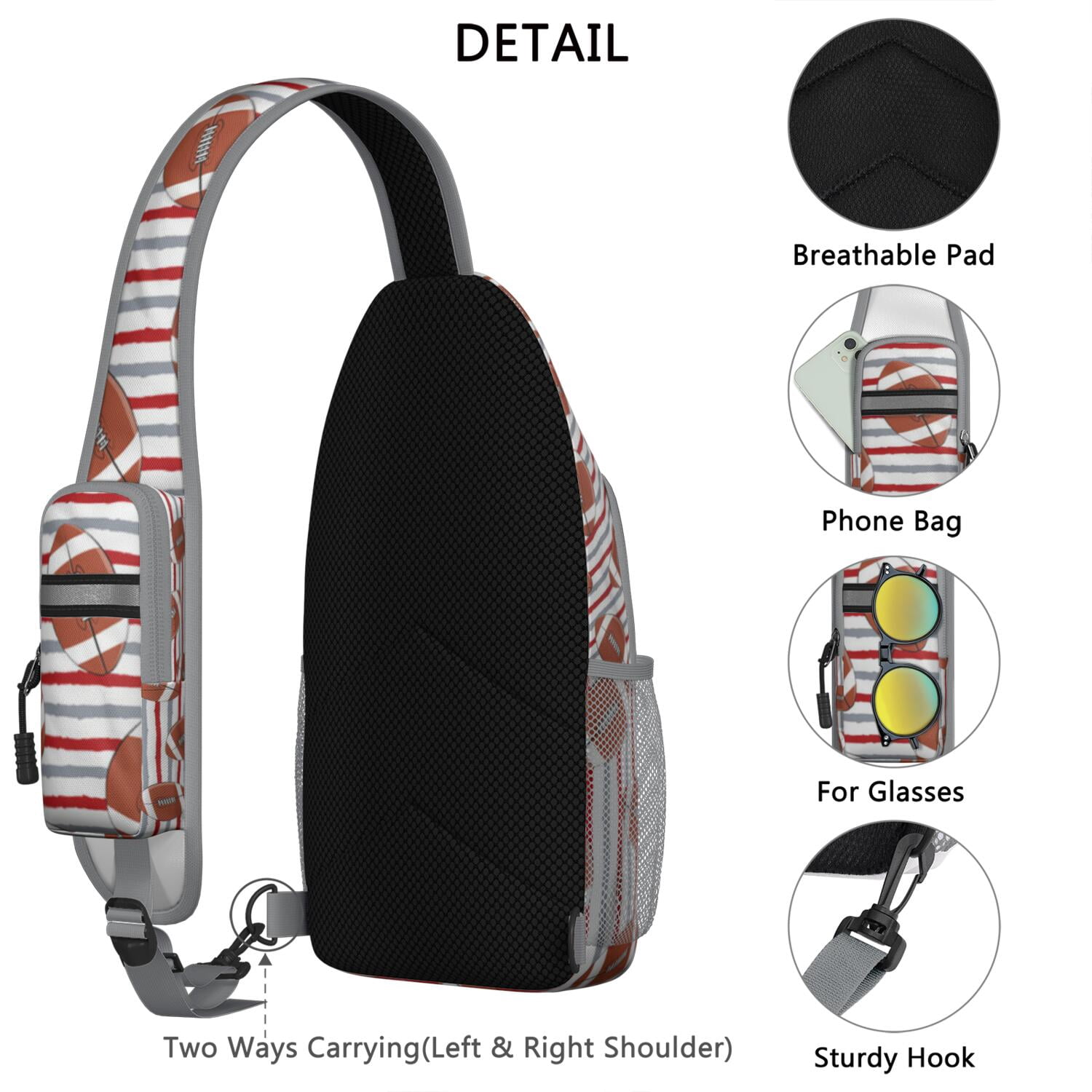 Baseball and Football Print Sling Bag for Boys – Lightweight Durable Polyester Crossbody Backpack with Secure Zippers, Large Compartments, Mesh Side Pockets for Training, Competition, and Outdoor Play