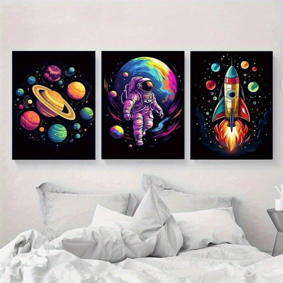 3pcs Space-Themed Canvas Art Set - Vibrant Astronaut & Rocket Prints, Unframed Ink on Canvas, Vertical Orientation, Ideal for Home & Office Decor, Indoor & Outdoor Use, Space Wall Art | Futuristic D