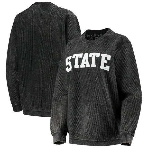 Women's Pressbox Black Michigan State Spartans Comfy Cord Vintage Wash Basic Arch Pullover Sweatshirt